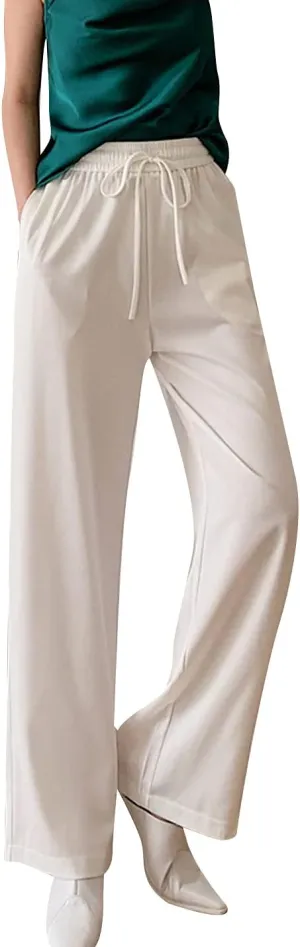Snoly Women's Summer Ice Silk Pants High Waist Wide Leg Full Length Loose Casual Sweatpants