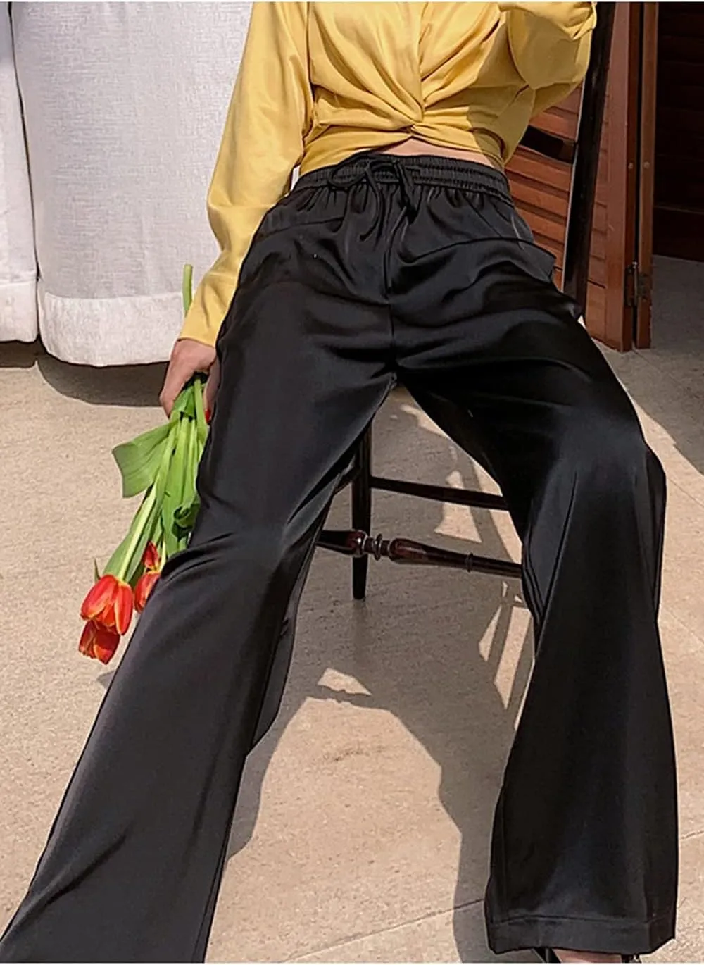Snoly Women's Summer Ice Silk Pants High Waist Wide Leg Full Length Loose Casual Sweatpants