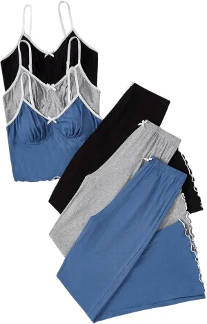 SOLY HUX Women's 3 Sets Cami Pajamas Sleeveless Camisole Top and Pants PJ Set Loungewear