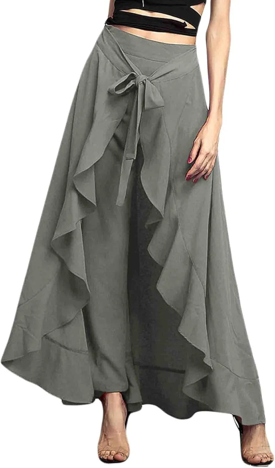 SOMTHRON Women's Casual High Waist Ruffle Pants Tie Knot Front Palazzo Overlay Flowy Beach Maxi Skirt Trousers