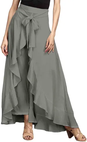 SOMTHRON Women's Casual High Waist Ruffle Pants Tie Knot Front Palazzo Overlay Flowy Beach Maxi Skirt Trousers
