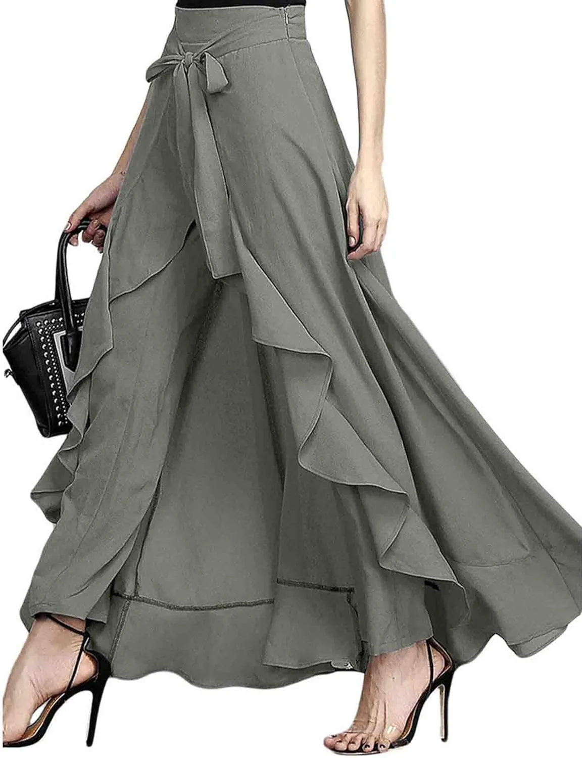 SOMTHRON Women's Casual High Waist Ruffle Pants Tie Knot Front Palazzo Overlay Flowy Beach Maxi Skirt Trousers