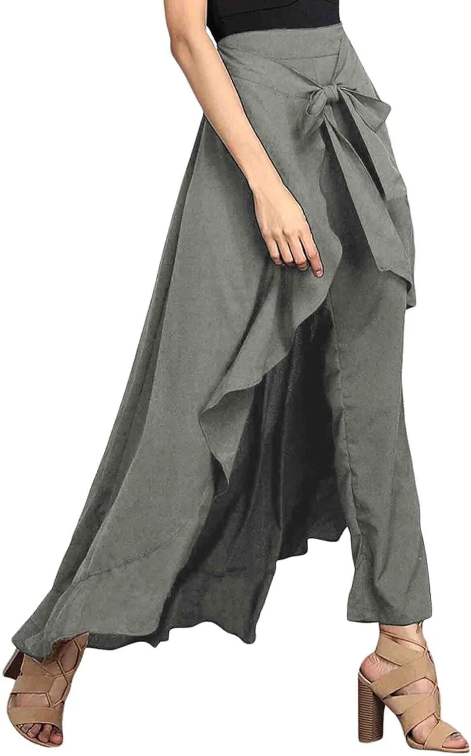 SOMTHRON Women's Casual High Waist Ruffle Pants Tie Knot Front Palazzo Overlay Flowy Beach Maxi Skirt Trousers