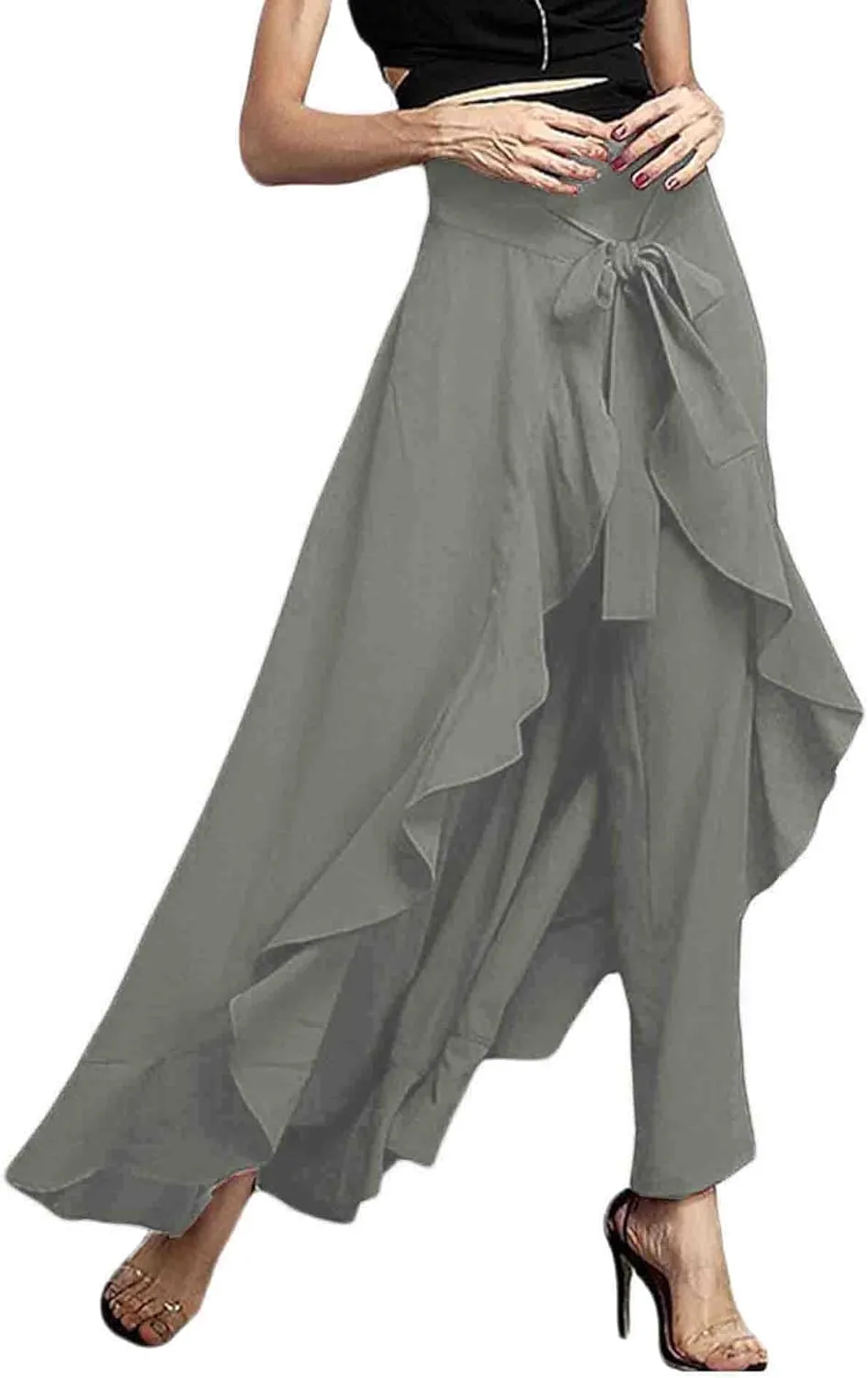 SOMTHRON Women's Casual High Waist Ruffle Pants Tie Knot Front Palazzo Overlay Flowy Beach Maxi Skirt Trousers
