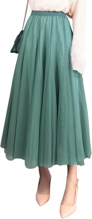 SOMTHRON Women's Tutu Tulle Skirt Elastic High Waist Layered Skirt Plain Mesh A-Line Midi Pleated Skirt