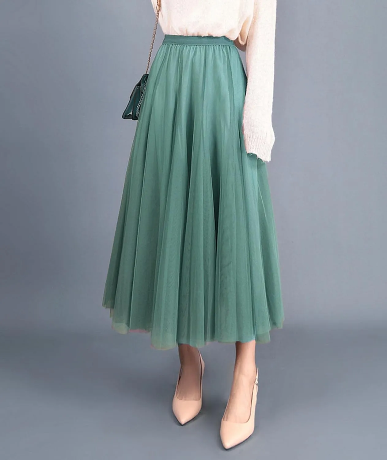 SOMTHRON Women's Tutu Tulle Skirt Elastic High Waist Layered Skirt Plain Mesh A-Line Midi Pleated Skirt