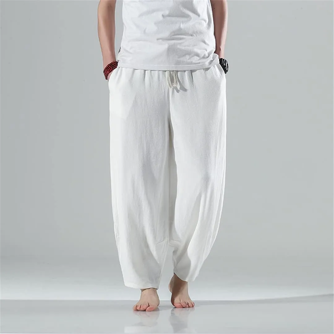 Spring Mens Linen Wide Leg Pants White Harem Pants Chinese Style Hanfu Kung Fu Trousers
