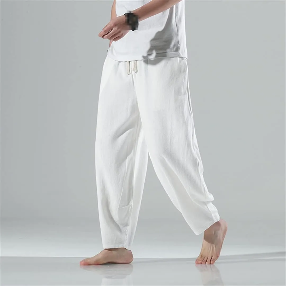 Spring Mens Linen Wide Leg Pants White Harem Pants Chinese Style Hanfu Kung Fu Trousers