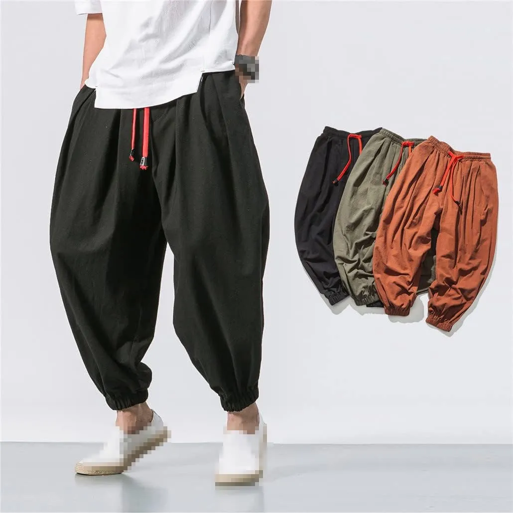 Spring Mens Loose Harem Pants Male Cotton Linen Sweatpants Casual Oversize Trousers