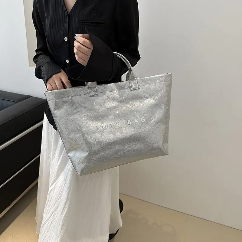 Stellaya women's letter print tote bag, Stellaya Tote Bag, Fashion Large Handle PVC Kraft Paper Handbag