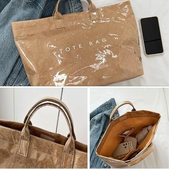 Stellaya women's letter print tote bag, Stellaya Tote Bag, Fashion Large Handle PVC Kraft Paper Handbag