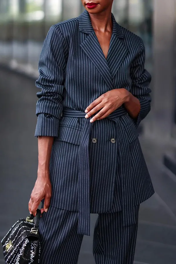 Stylish Striped Flap Pocket Belt Blazer & Pants Set