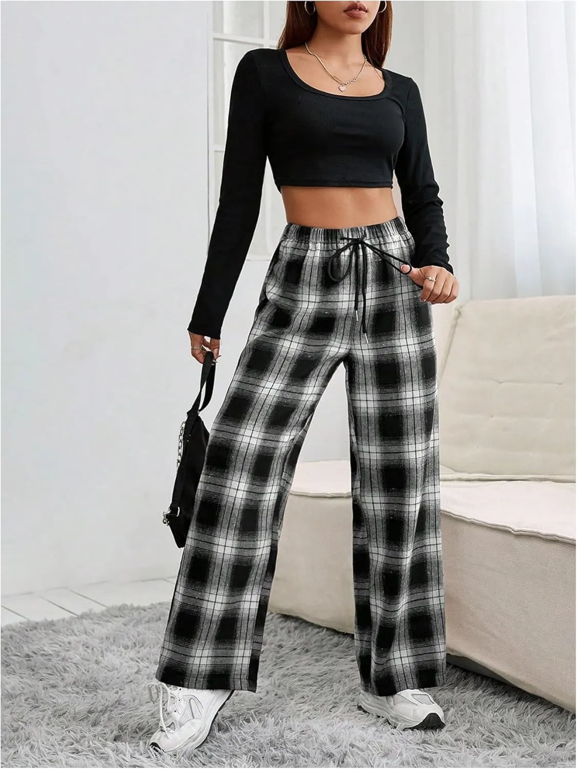 SweatyRocks Women's Casual Drawstring Waist Wide Leg Plaid Pants Long Trousers Baggy Sweatpants