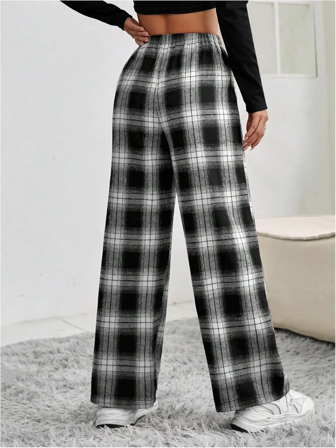 SweatyRocks Women's Casual Drawstring Waist Wide Leg Plaid Pants Long Trousers Baggy Sweatpants