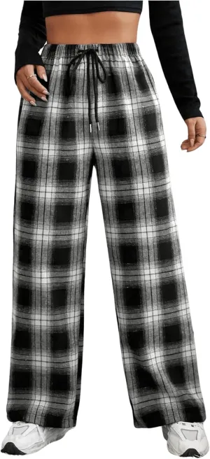 SweatyRocks Women's Casual Drawstring Waist Wide Leg Plaid Pants Long Trousers Baggy Sweatpants