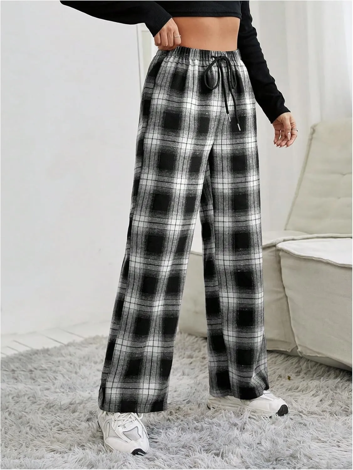 SweatyRocks Women's Casual Drawstring Waist Wide Leg Plaid Pants Long Trousers Baggy Sweatpants