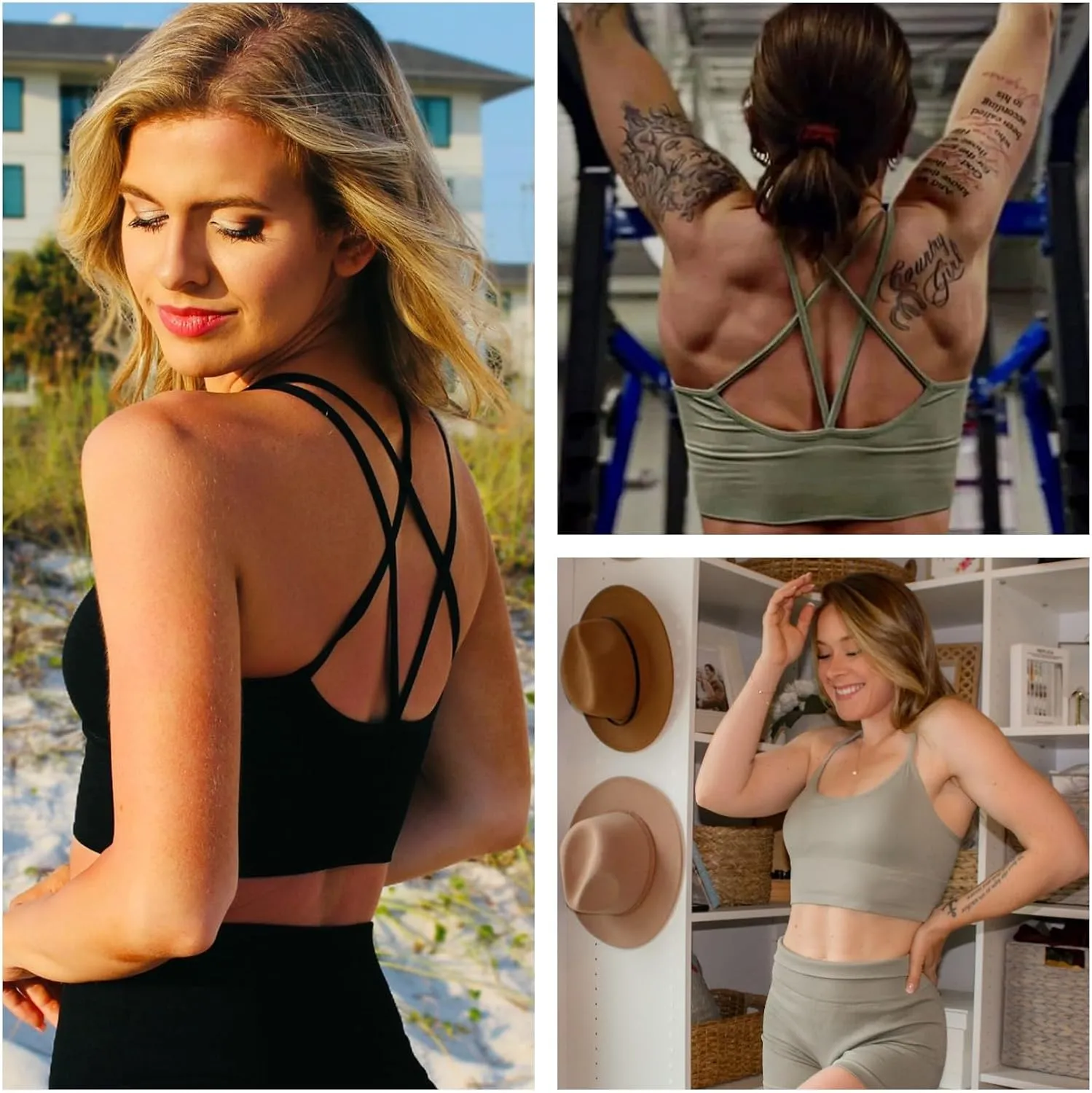 Sykooria 3 Pack Strappy Sports Bra for Women Sexy Crisscross for Yoga Running Athletic Gym Workout Fitness Tank Tops