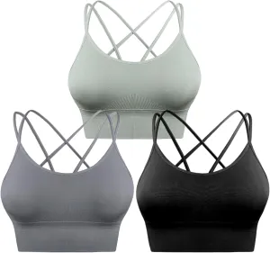Sykooria 3 Pack Strappy Sports Bra for Women Sexy Crisscross for Yoga Running Athletic Gym Workout Fitness Tank Tops