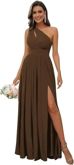 SYYS Stretchy One Shoulder Bridesmaid Dresses for Women 2025 Long Spandex Formal Dresses with Slit SYYS356