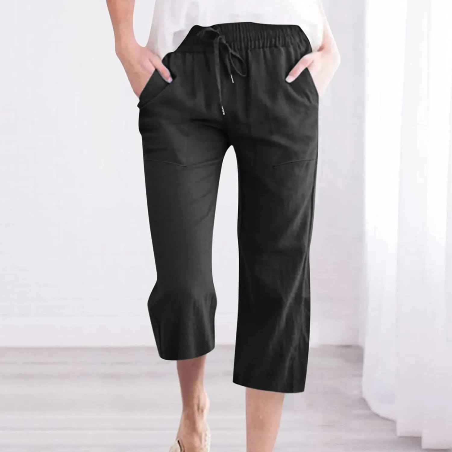 TANGNADE Summer Plus Size Capris for Women Cotton Linen Capri Pants Elastic High Waist Straight Wide Leg Cropped Trouser