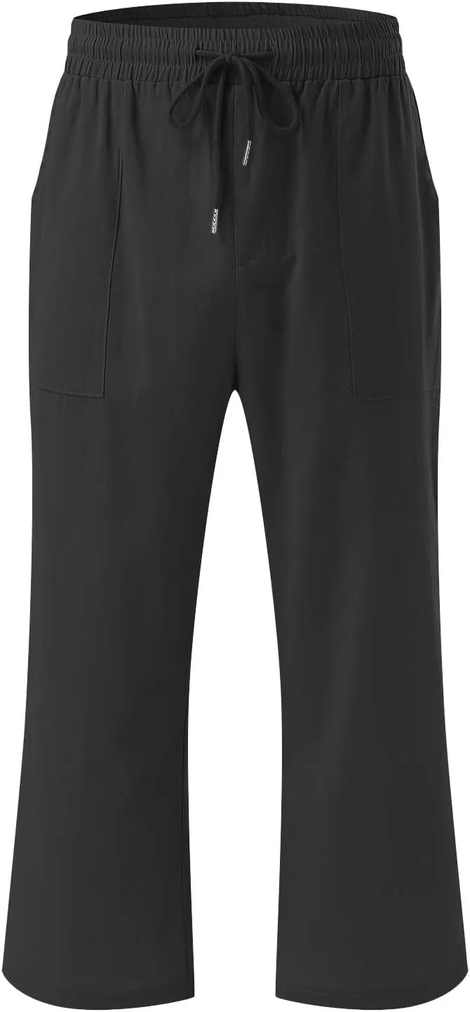 TANGNADE Summer Plus Size Capris for Women Cotton Linen Capri Pants Elastic High Waist Straight Wide Leg Cropped Trouser