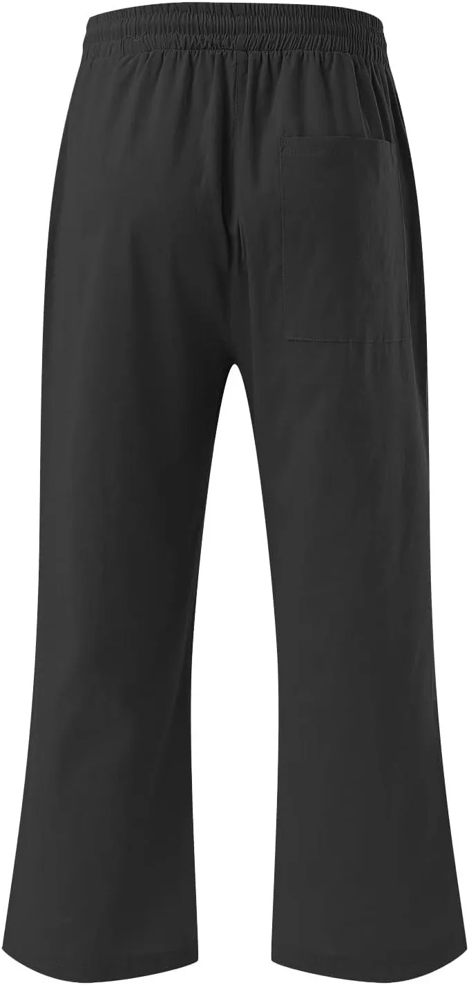 TANGNADE Summer Plus Size Capris for Women Cotton Linen Capri Pants Elastic High Waist Straight Wide Leg Cropped Trouser