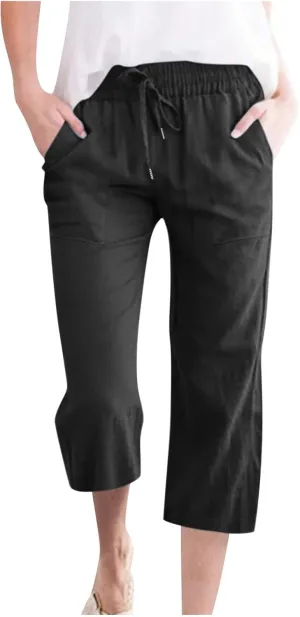 TANGNADE Summer Plus Size Capris for Women Cotton Linen Capri Pants Elastic High Waist Straight Wide Leg Cropped Trouser