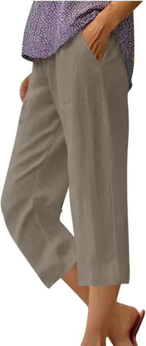 TANGNADE Women Capris for Summer Elastic Waist Loose Fit Capri Cotton Linen Pants Lightweight Casual Travel Ladies Trouser