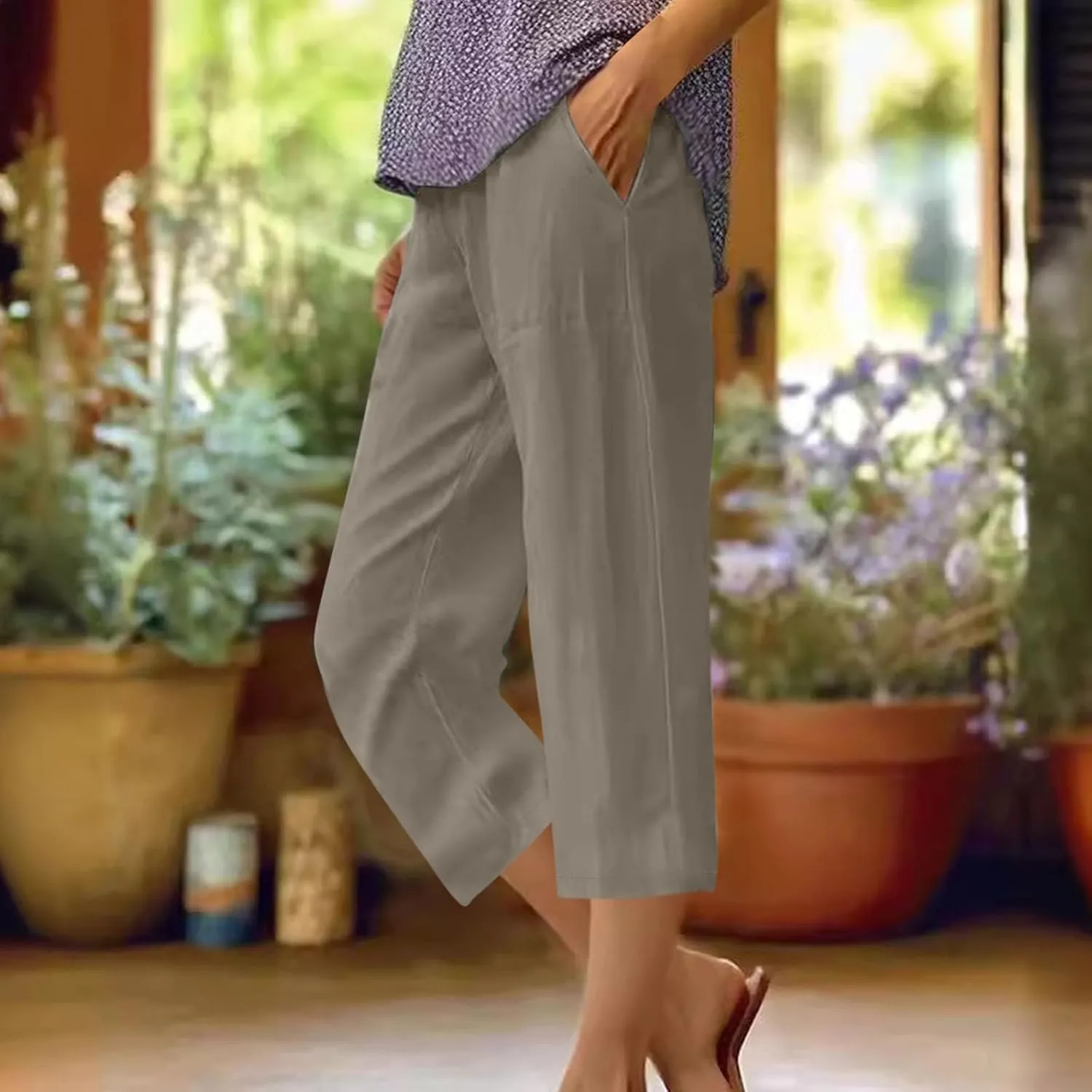 TANGNADE Women Capris for Summer Elastic Waist Loose Fit Capri Cotton Linen Pants Lightweight Casual Travel Ladies Trouser