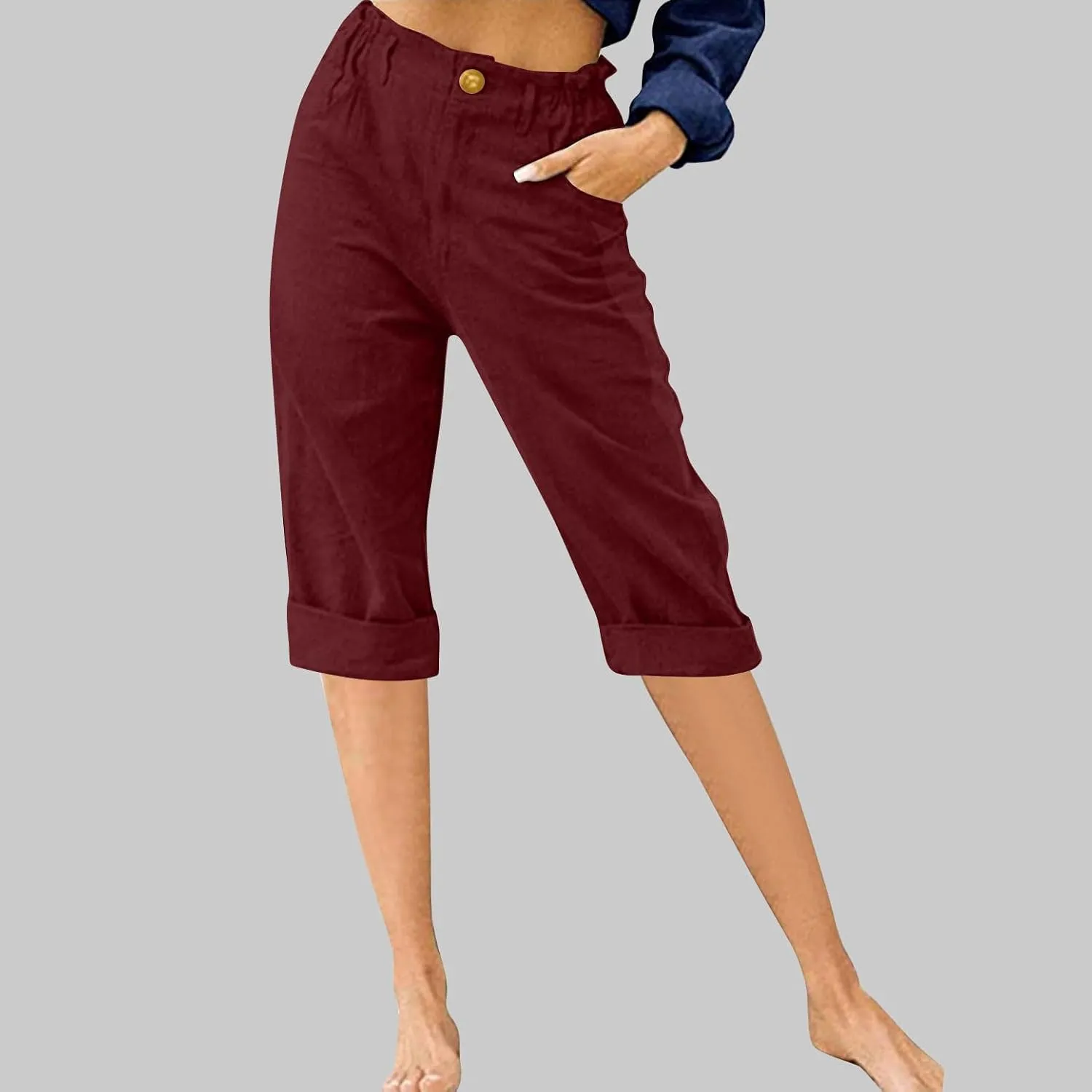 TANGNADE Women's Capris and Cropped Pants Summer Plus Size Knee Length Capri Comfy Elastic Waist Beach Trouser