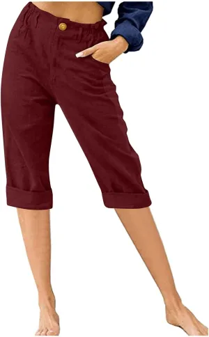 TANGNADE Women's Capris and Cropped Pants Summer Plus Size Knee Length Capri Comfy Elastic Waist Beach Trouser