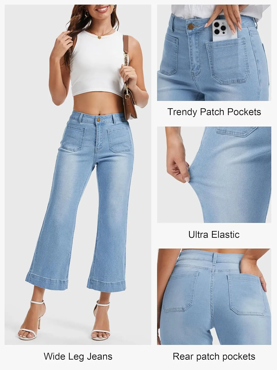 Tapata Women's 24/26 Petite Regular Wide Leg Jeans High Waisted Flare Stretchy Cropped Denim Pants Trendy Baggy Pockets