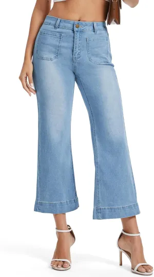 Tapata Women's 24/26 Petite Regular Wide Leg Jeans High Waisted Flare Stretchy Cropped Denim Pants Trendy Baggy Pockets