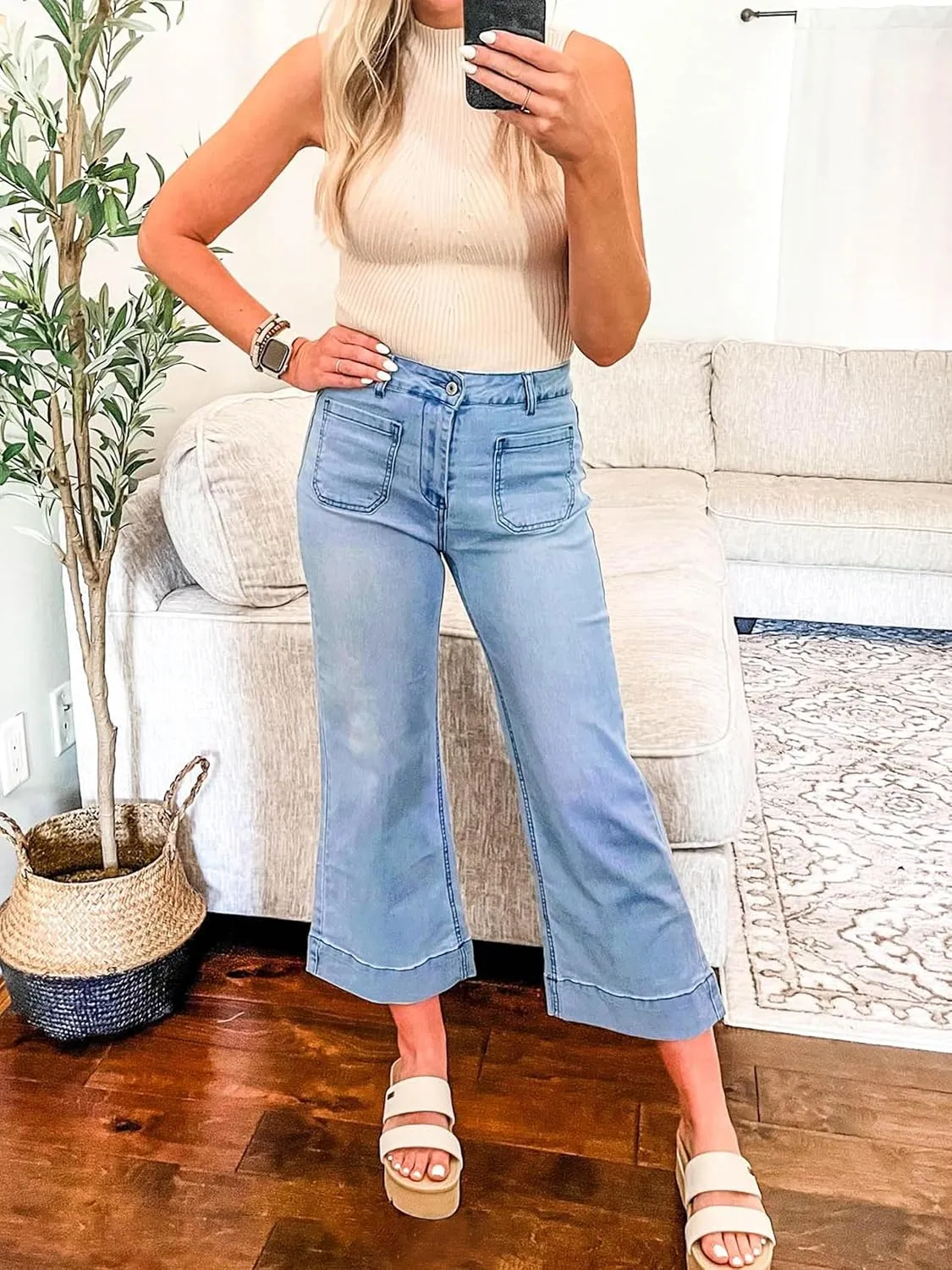 Tapata Women's 24/26 Petite Regular Wide Leg Jeans High Waisted Flare Stretchy Cropped Denim Pants Trendy Baggy Pockets