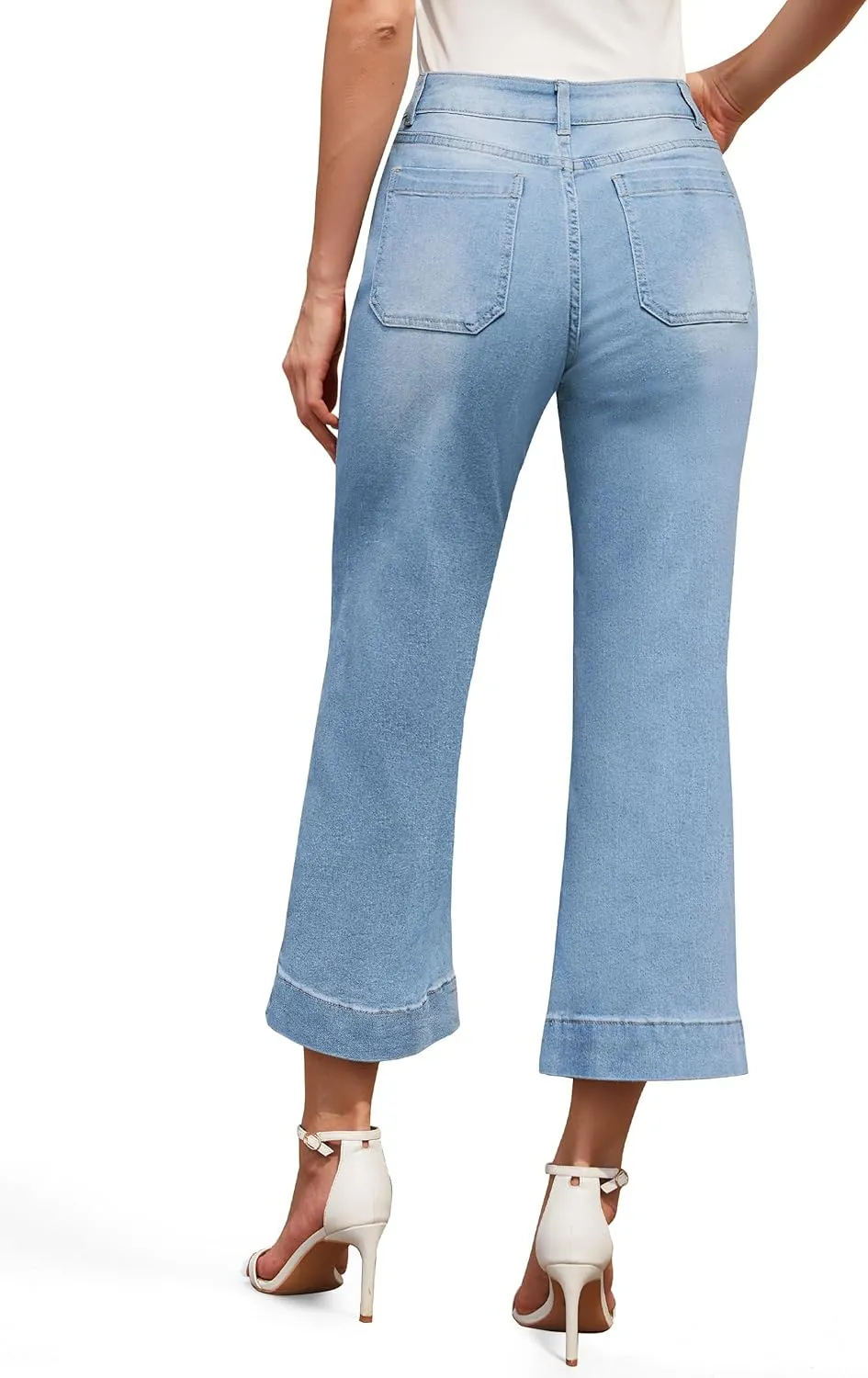 Tapata Women's 24/26 Petite Regular Wide Leg Jeans High Waisted Flare Stretchy Cropped Denim Pants Trendy Baggy Pockets