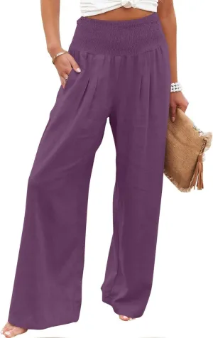 TARIENDY Womens High Waisted Pants Wide Leg Loose Palazzo Pants Elastic Beach Casual Pants Summer Trousers with Pockets