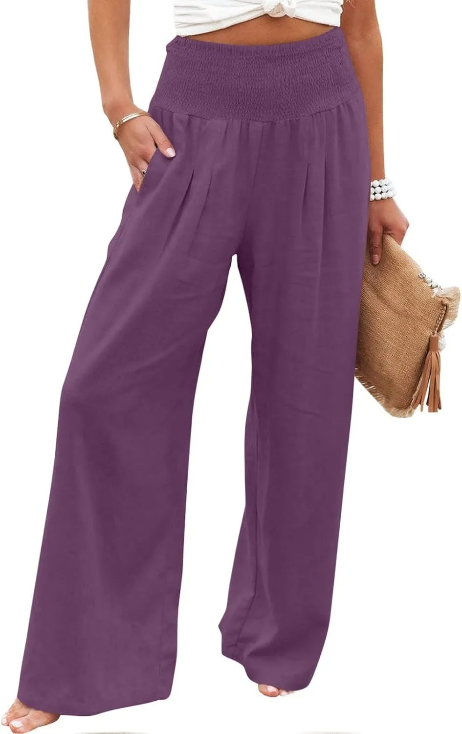 TARIENDY Womens High Waisted Pants Wide Leg Loose Palazzo Pants Elastic Beach Casual Pants Summer Trousers with Pockets