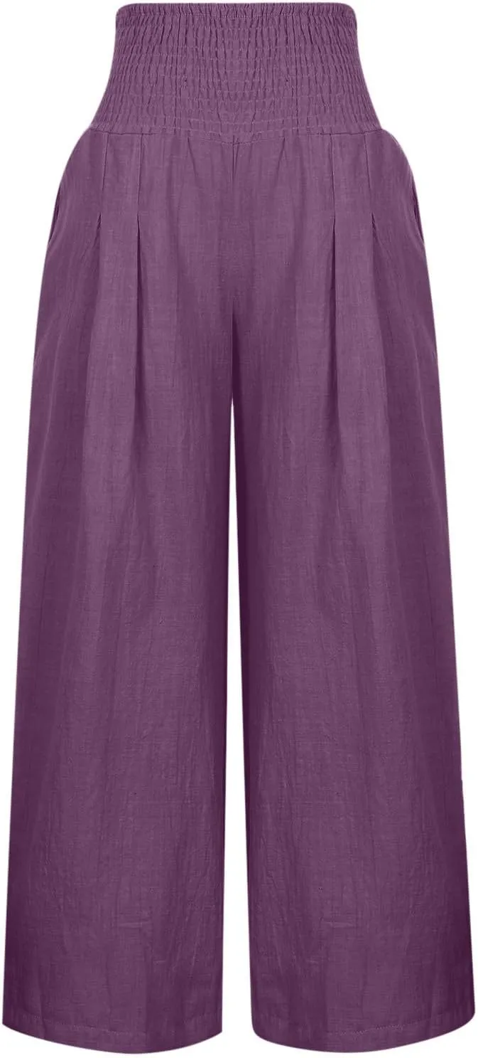 TARIENDY Womens High Waisted Pants Wide Leg Loose Palazzo Pants Elastic Beach Casual Pants Summer Trousers with Pockets