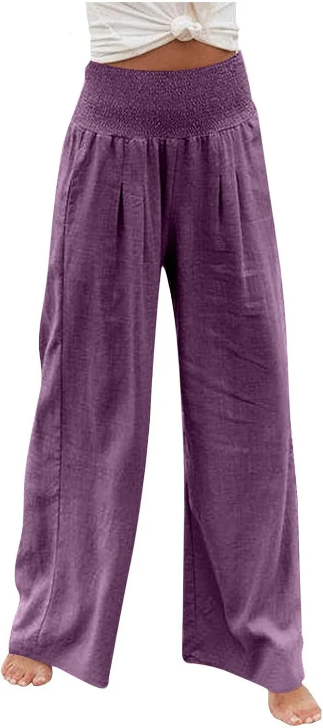TARIENDY Womens High Waisted Pants Wide Leg Loose Palazzo Pants Elastic Beach Casual Pants Summer Trousers with Pockets