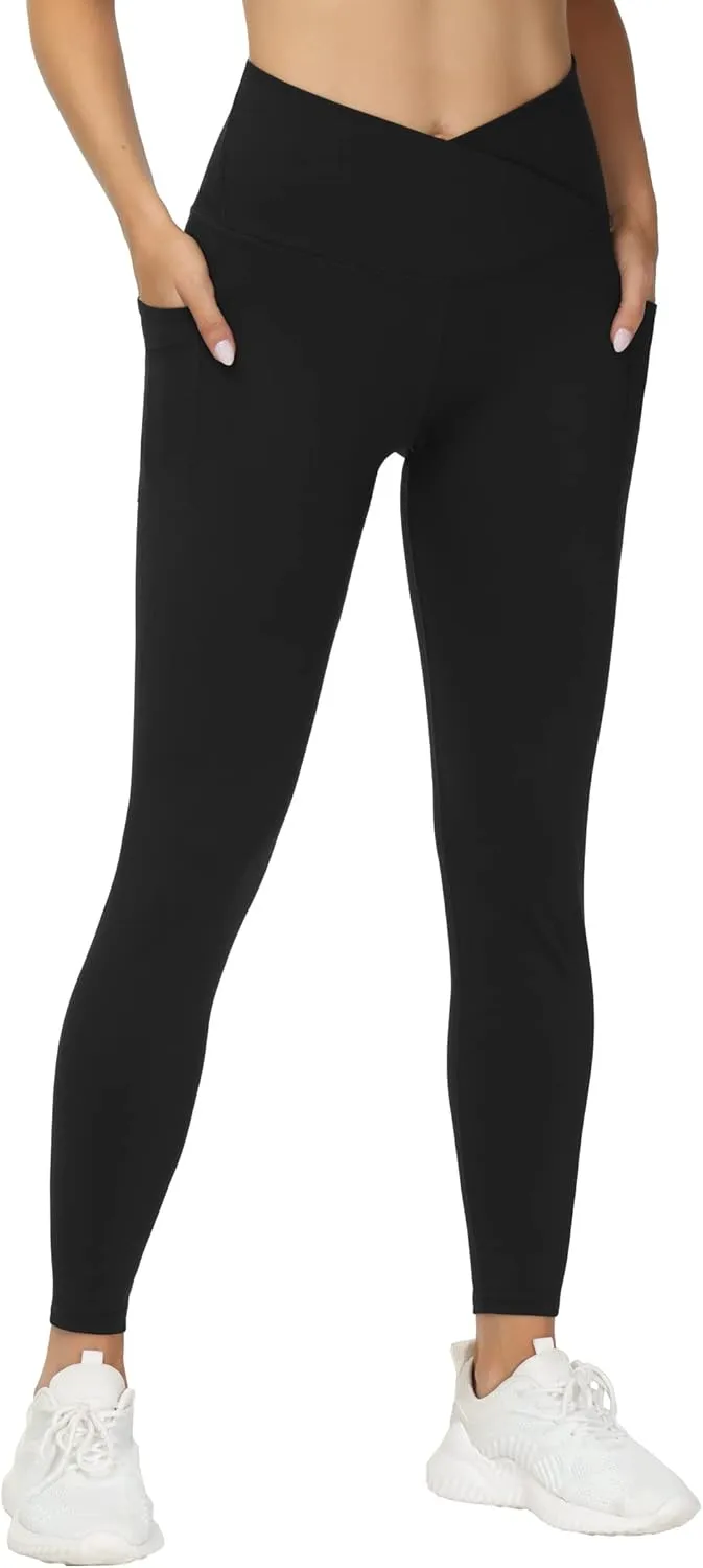 THE GYM PEOPLE Women's V Cross Waist Workout Leggings Tummy Control Running Yoga Pants with Pockets