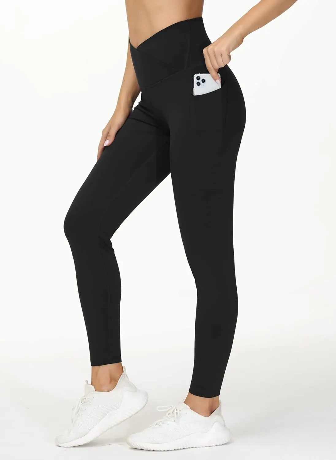 THE GYM PEOPLE Women's V Cross Waist Workout Leggings Tummy Control Running Yoga Pants with Pockets