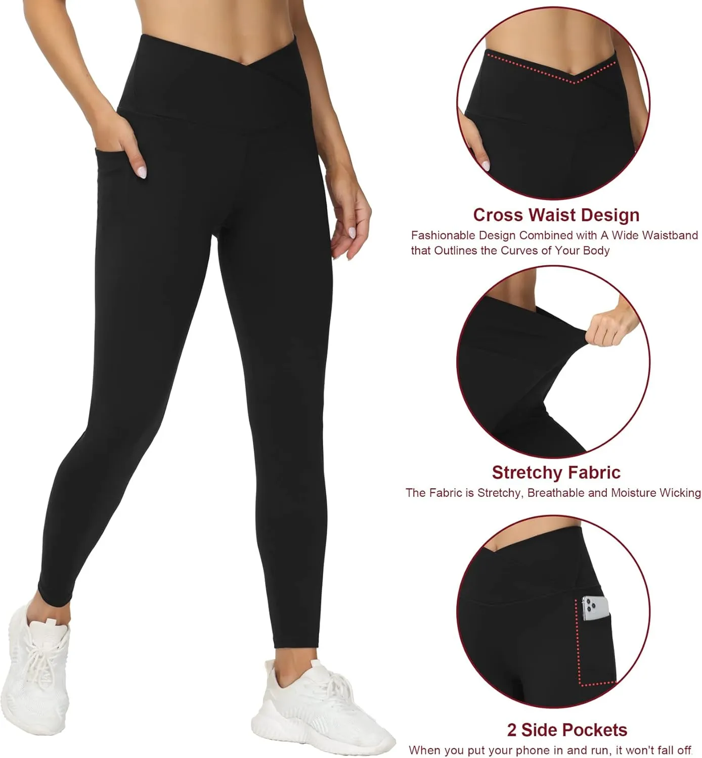 THE GYM PEOPLE Women's V Cross Waist Workout Leggings Tummy Control Running Yoga Pants with Pockets