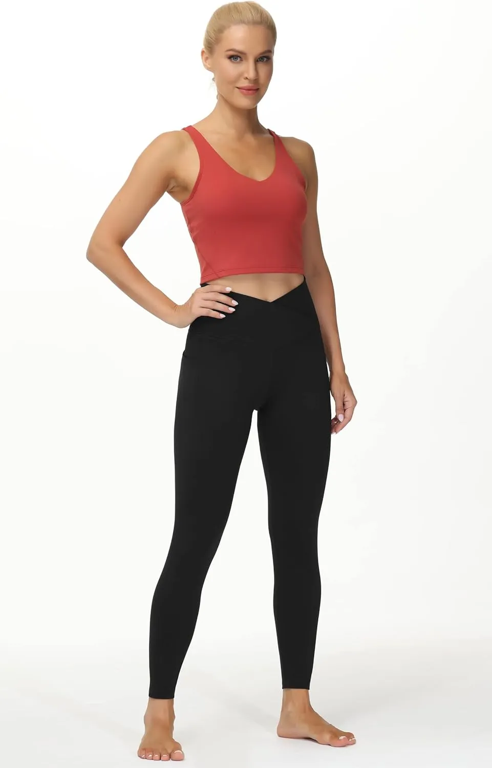 THE GYM PEOPLE Women's V Cross Waist Workout Leggings Tummy Control Running Yoga Pants with Pockets