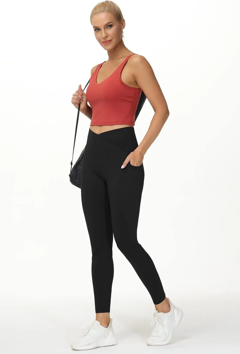 THE GYM PEOPLE Women's V Cross Waist Workout Leggings Tummy Control Running Yoga Pants with Pockets