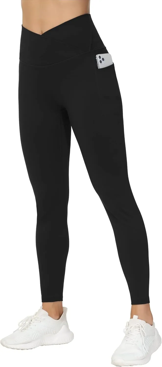 THE GYM PEOPLE Women's V Cross Waist Workout Leggings Tummy Control Running Yoga Pants with Pockets