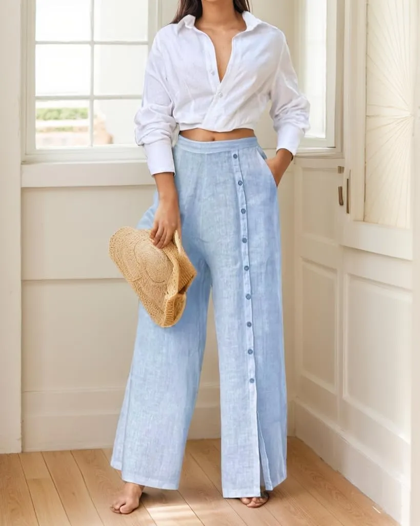 TIAFORD Women's Cotton Linen 2 Piece Outfits Loose Long Sleeve V Neck Button Top Shirt High Waist Wide Leg Pants Sets