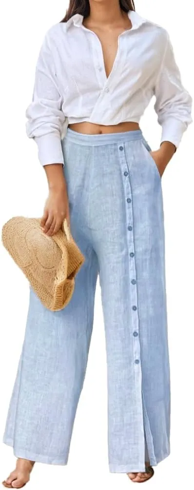 TIAFORD Women's Cotton Linen 2 Piece Outfits Loose Long Sleeve V Neck Button Top Shirt High Waist Wide Leg Pants Sets