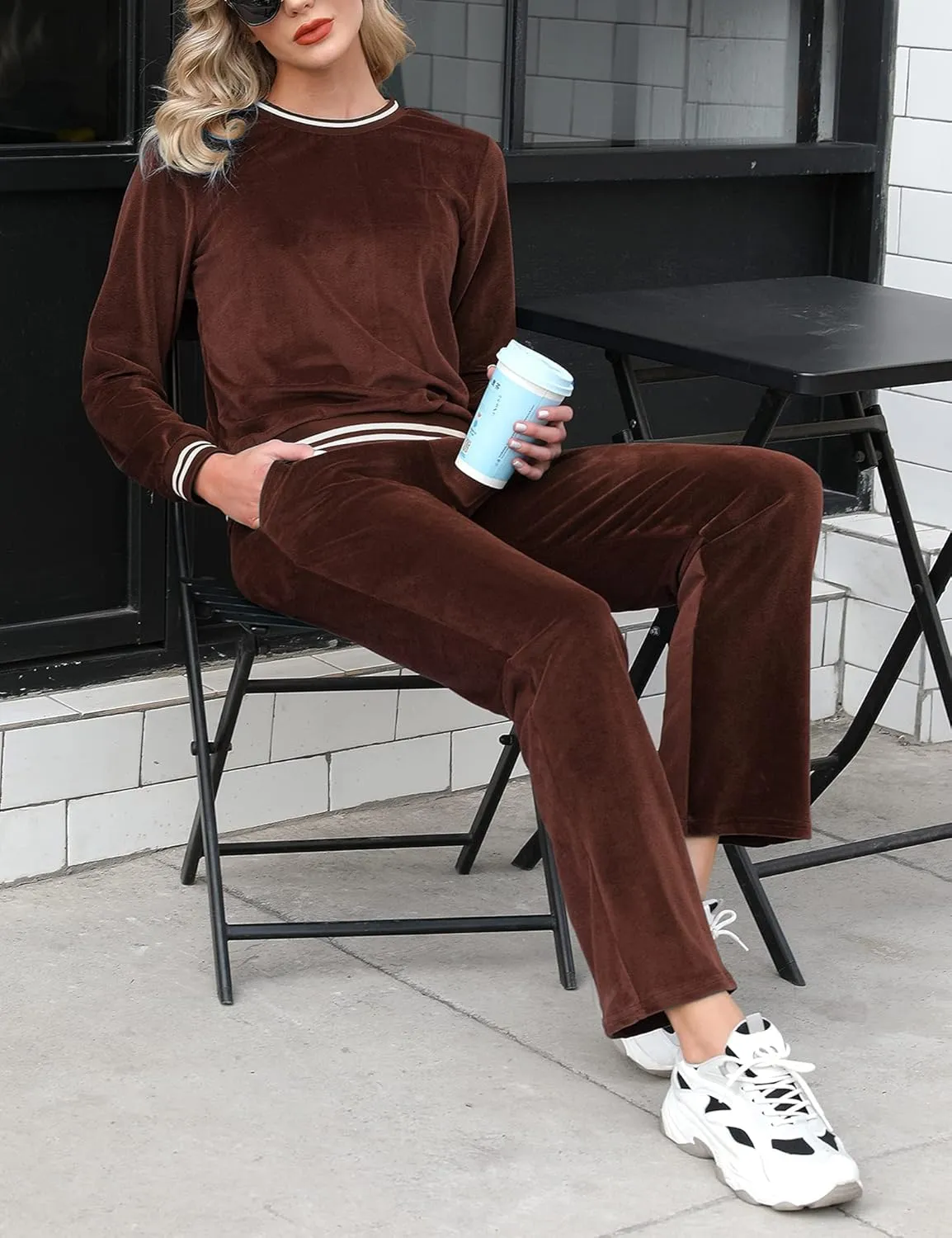 Totatuit Women's Sweatsuit Set Velour Long Sleeve and Pants Sport Sweat Suits 2 Piece Tracksuits Outfits with Pocket S-XXL