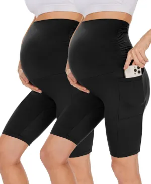 UBCUTE 2 Pack Women's Maternity Biker Shorts with Pockets-High Waist Black Workout Yoga Comfy Pregnancy Pants Over Belly