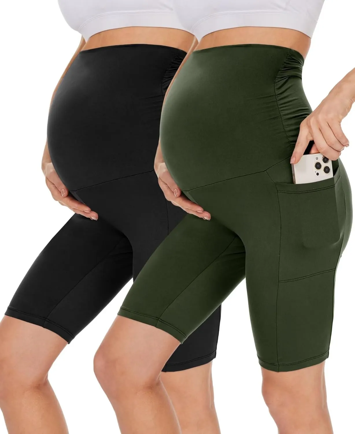 UBCUTE 2 Pack Women's Maternity Biker Shorts with Pockets-High Waist Black Workout Yoga Comfy Pregnancy Pants Over Belly